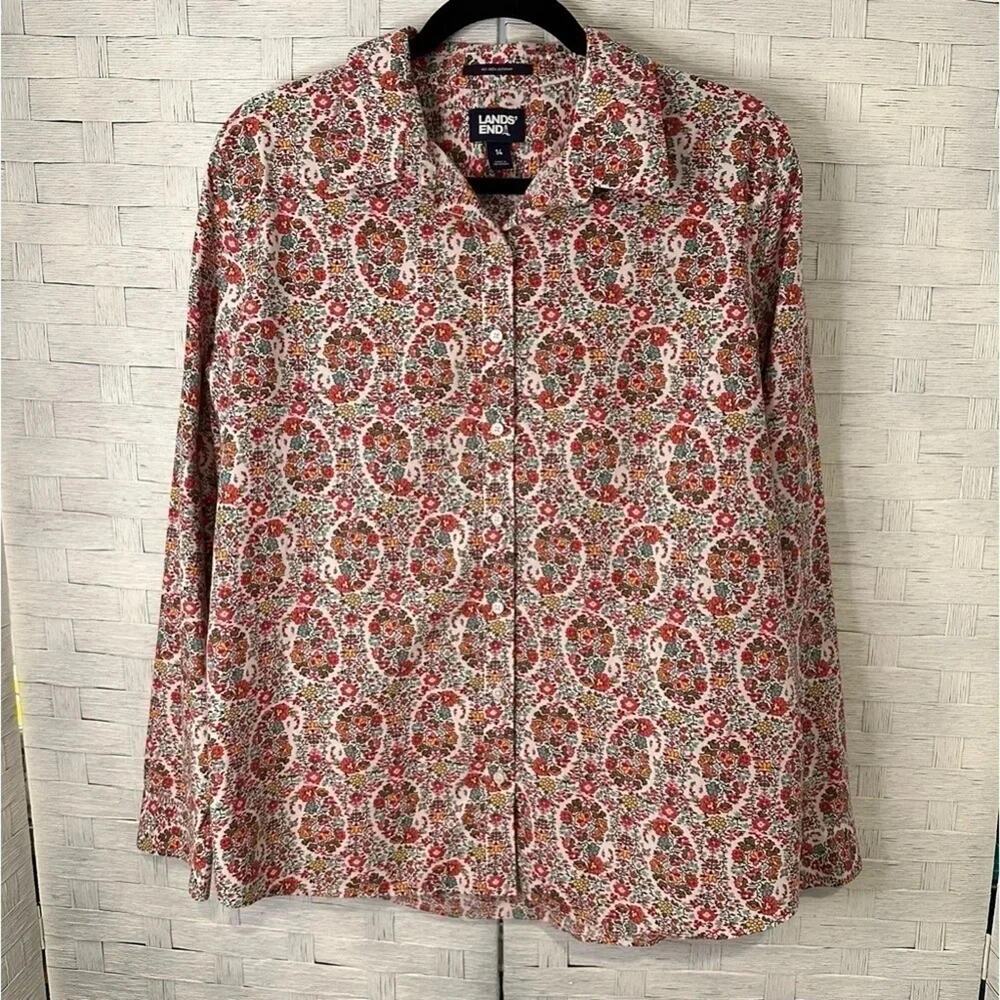 Lands' End Womens Blouse Button Down Floral Paisley bohemian TradMom 3/4 Sleeve